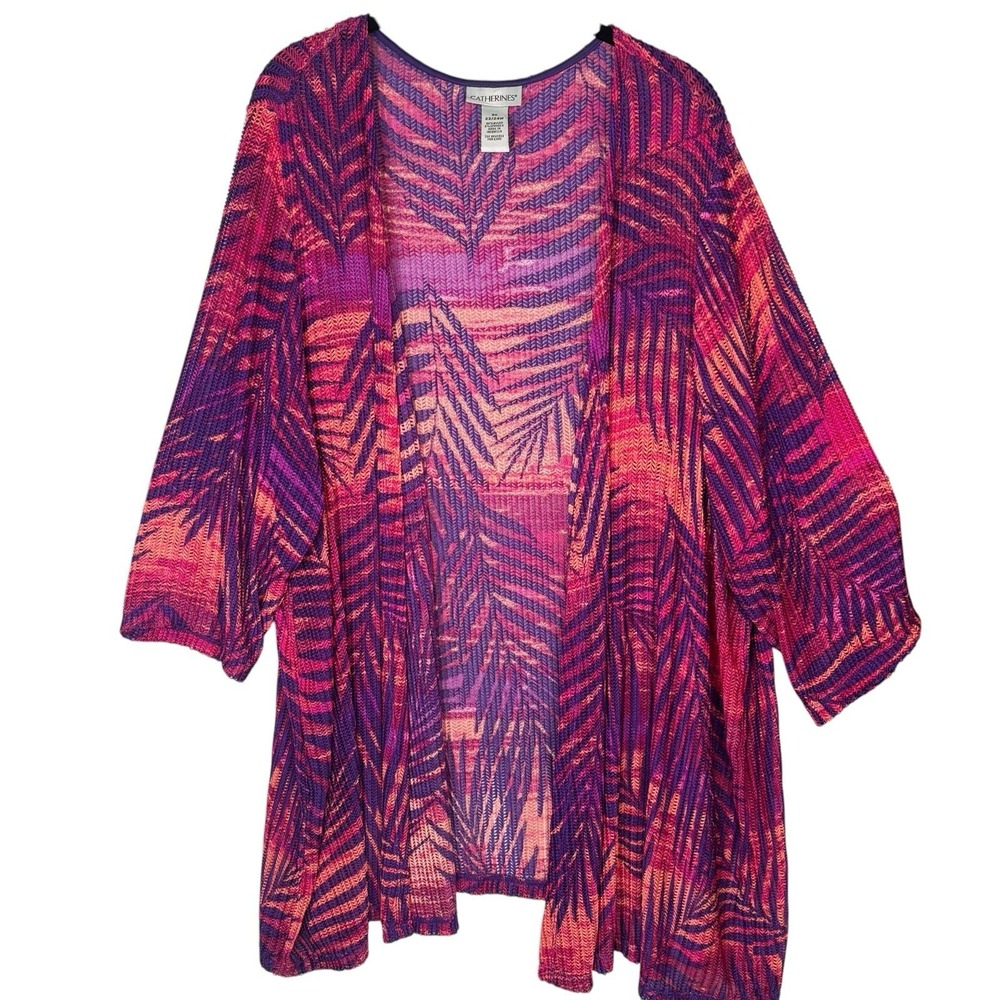 Catherines Womens 2X Purple Pink Tropical Palm Leaf Open Front Cardigan Kimono